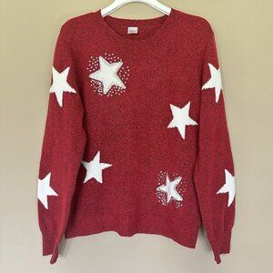 Women XL Star Sweater Red White Sparkle Embellished Sequin Crew Neck Pullover